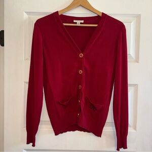 ST. JOHN SPORT Marie Gray Deep Cherry Cardigan Knit Golf Small Sweater Pin Hole